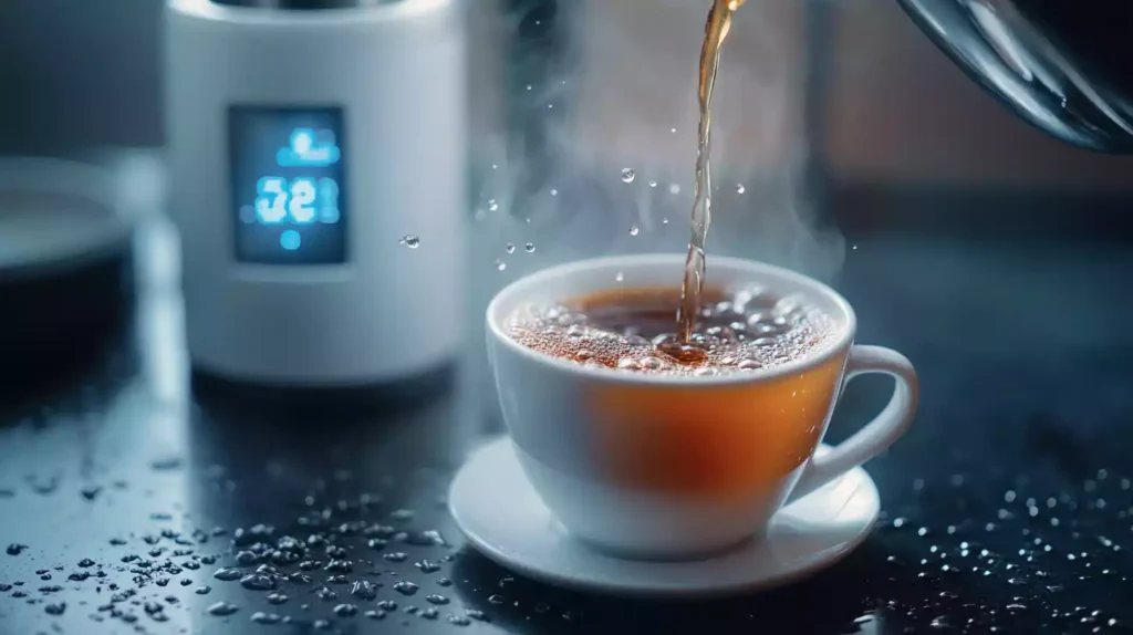 Steaming coffee poured from a glass carafe into a white ceramic mug, surrounded by clear water droplets and a digital thermometer displaying optimal brewing temperature. A pristine water filter in background.