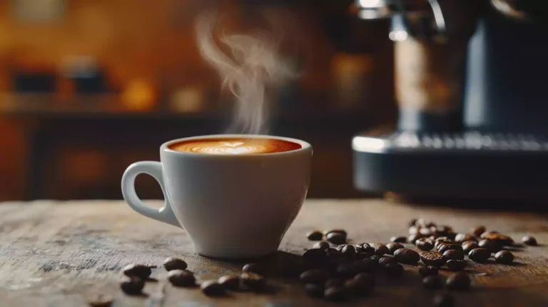 Close up of a steaming espresso in a white ceramic cup, rich crema swirling on top, surrounded by roasted coffee beans and a grinder on a rustic wooden table.