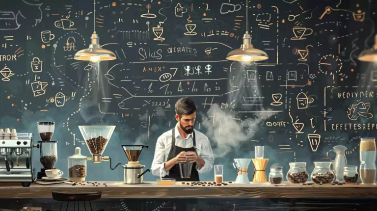 A bustling coffee shop scene with a focused barista in the center, surrounded by steaming pitchers, coffee beans, and a chalkboard menu, with a subtle background of scribbled recipe notes and diagrams.