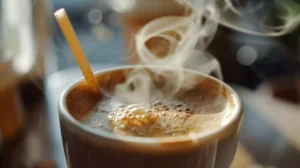 Close-up of a tiny, slender coffee straw protruding from a large, steaming espresso cup, dwarfed by the cup's size. Milk foam swirls around the straw's tip.