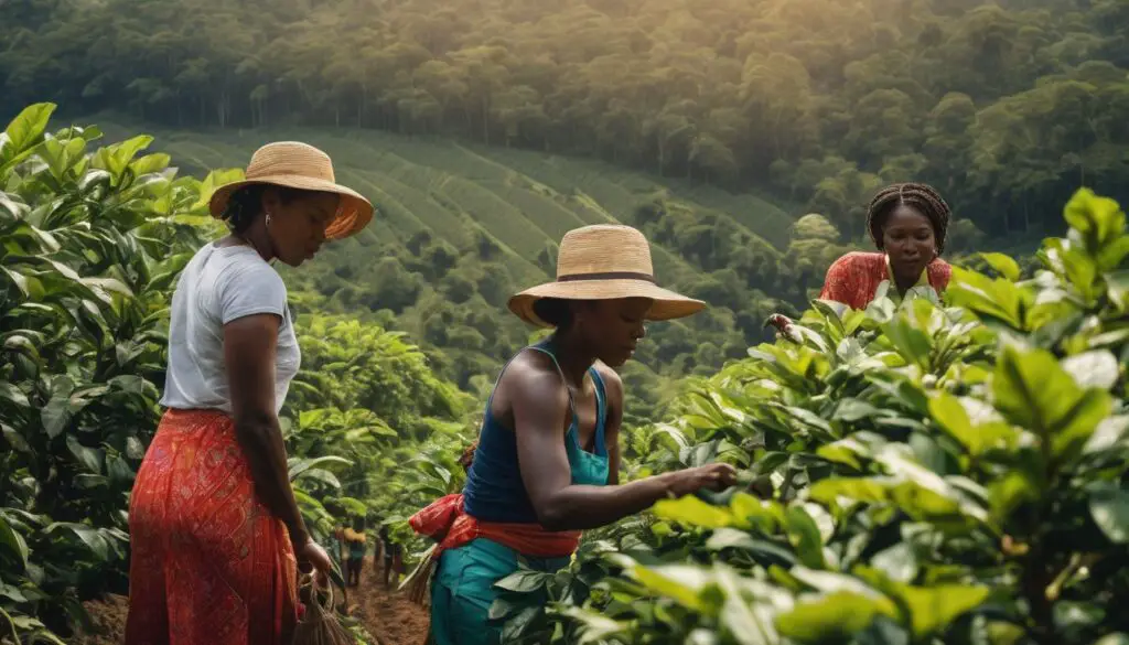 Three women in a coffee plantation picking coffee cherries.
