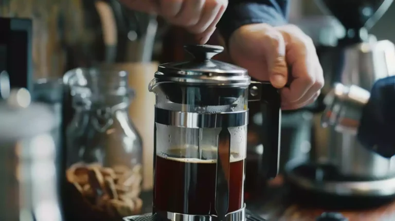 A person using a filled French press and pressing the plunger down slowly in order to show how to make French press coffee.