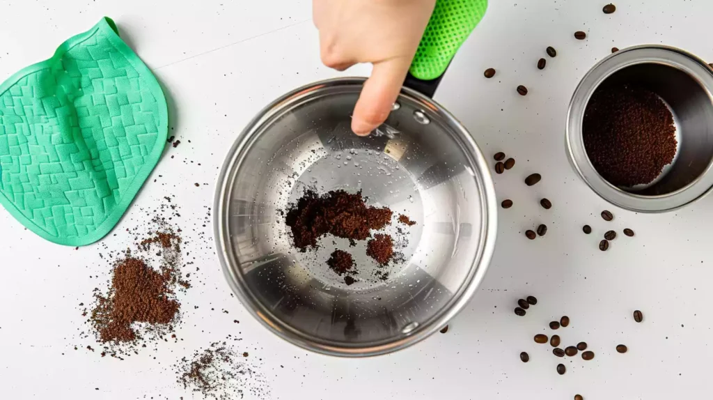 A stainless steel pot with coffee grounds scattered around, a green scouring pad nearby, and a hand scrubbing the inside of the pot, all on a clean white surface.