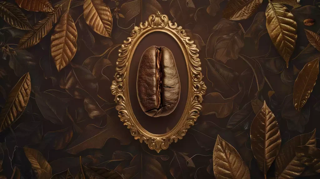 An illustration of a single, elegant coffee bean surrounded by a delicate, ornate golden frame, set against a rich, dark brown background, with subtle coffee plant silhouettes in the shadows.