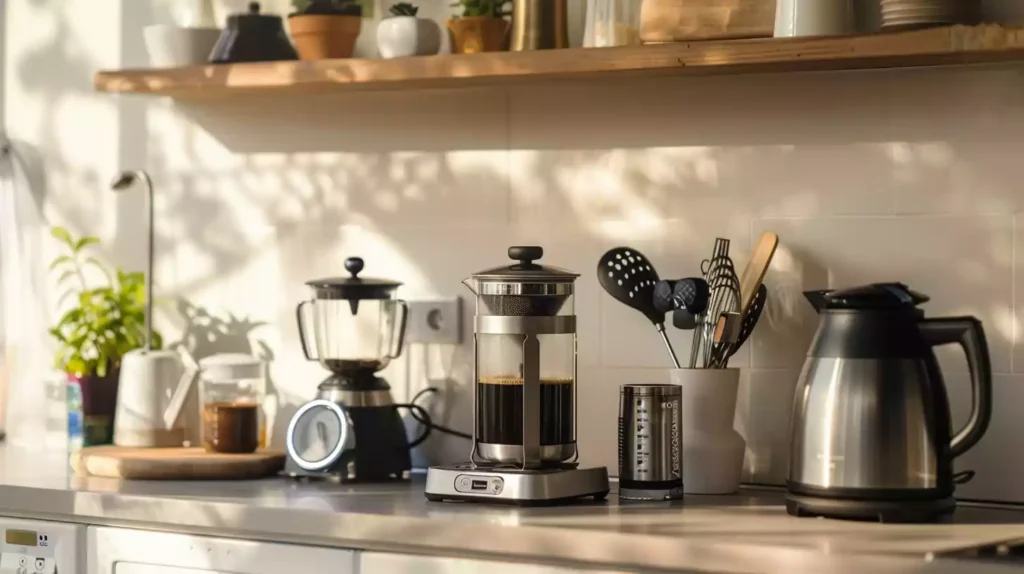 A French press surrounded by a digital scale, coffee grinder, kettle, and timer. The equipment is neatly arranged on a clean countertop with natural lighting.