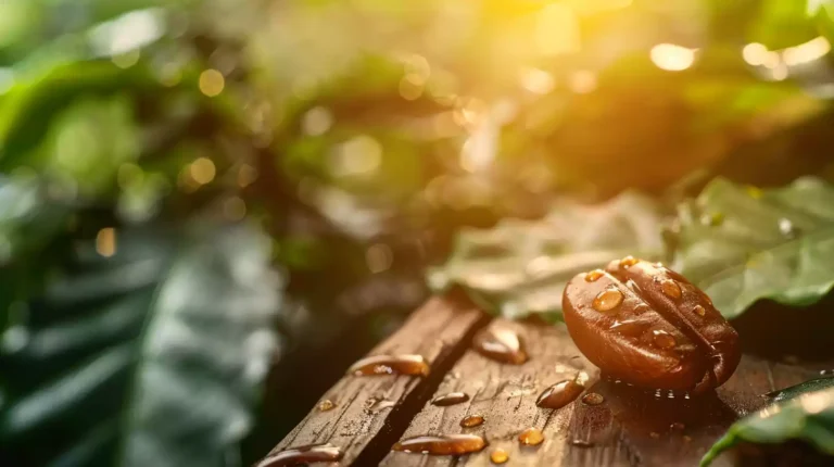 A close-up of a single, perfectly brewed peaberry coffee bean, glistening with dew, on a rustic wooden table, surrounded by lush green coffee plants, with a subtle, warm golden light.