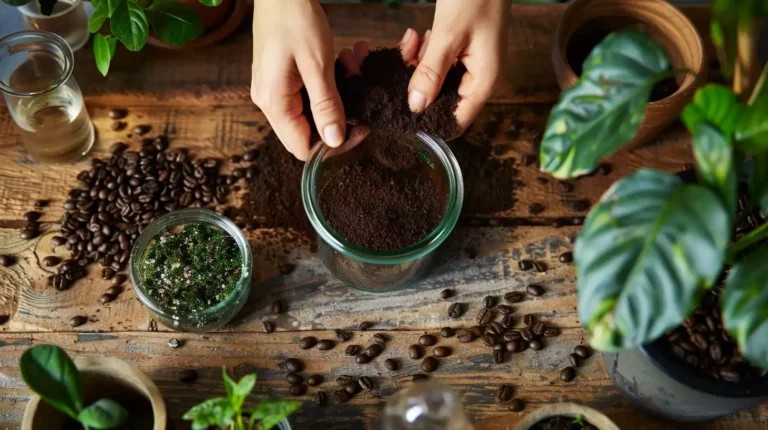 Close up of a person's hands mixing coffee grounds into potting soil, with various houseplants, a recycled glass jar, and scattered coffee beans on a weathered wooden table.