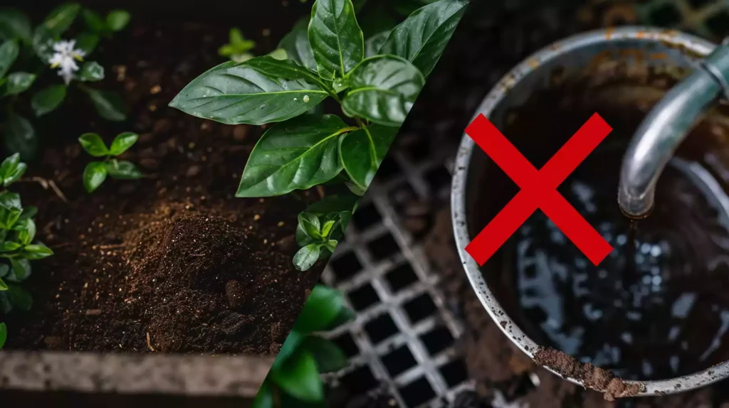 A split-screen image: a dark brown coffee grounds pile on a compost bin's wooden slats, surrounded by lush green leaves and tiny white flowers, alongside a sink drain with a red "X" symbol overlaid.