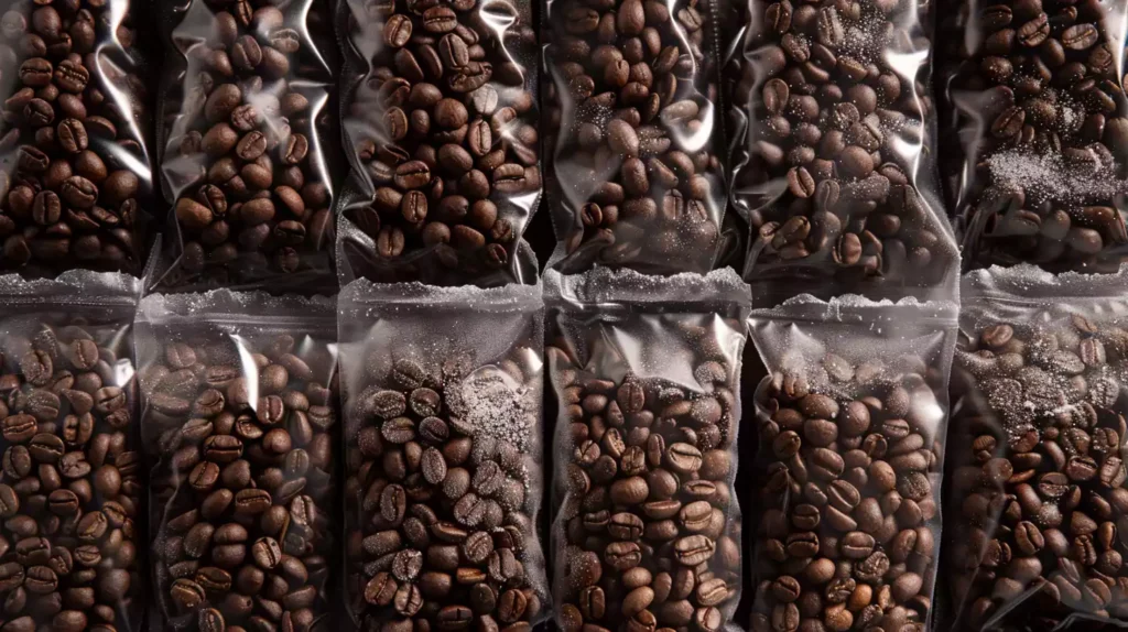 Frozen coffee beans separated into small, daily batches in bags. Each batch is intricately detailed and appear to be frozen, capturing the essence of freshness and precision.