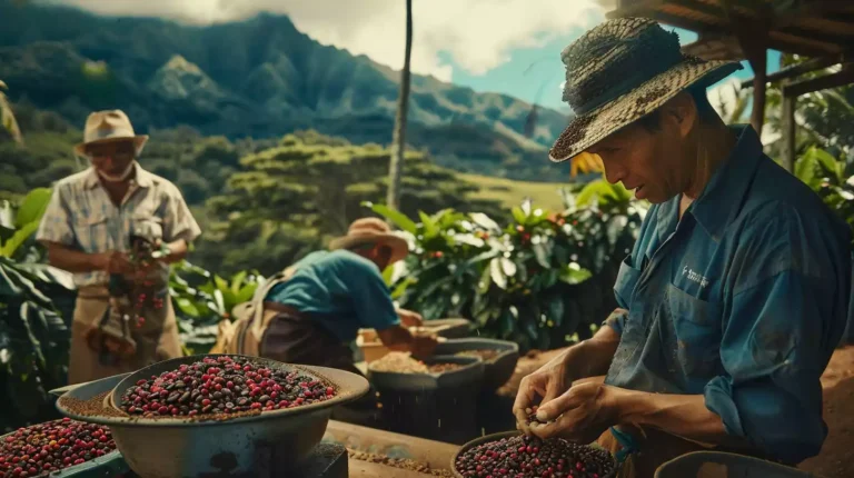 Hawaiian coffee grading process in a traditional setting. Farmers are carefully inspecting and grading coffee beans, with lush Hawaiian landscapes in the background.