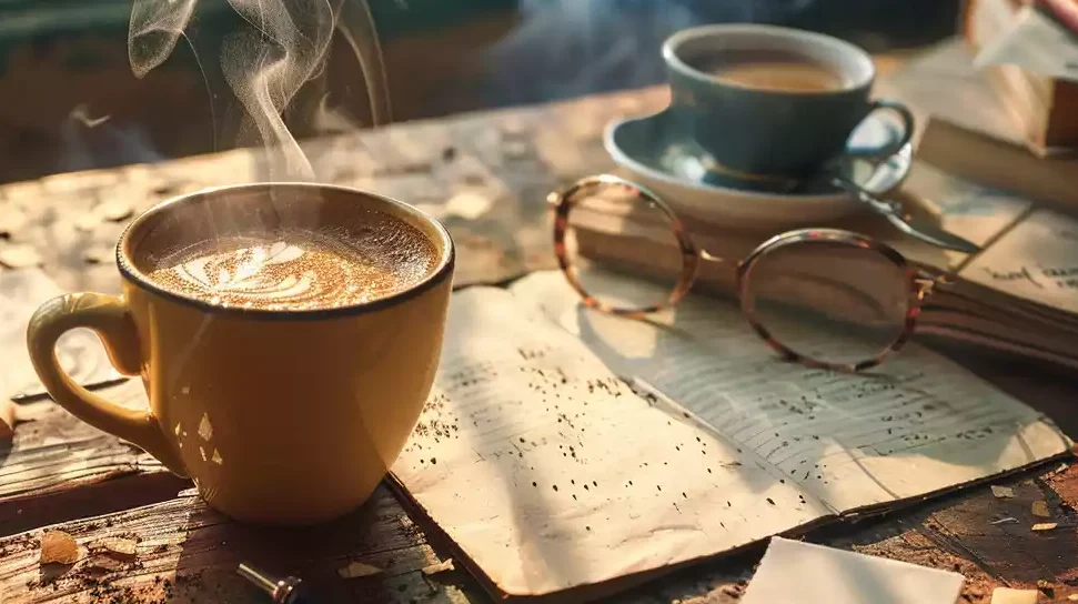 A steaming cup of coffee sits on a wooden table, surrounded by scattered recipe cards, a few crumbs from a notebook, and a pair of stylish glasses with a slight reflection of a coffee shop.