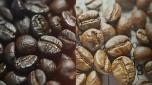 A split-view of fresh versus expired coffee beans, depicting vibrant, glossy beans against dull, shriveled ones, with a subtle background of a calendar indicating passage of time.