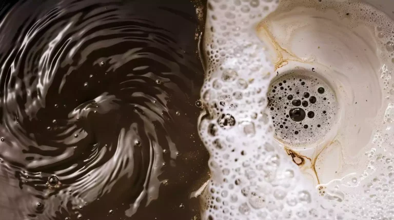 A split-screen image: a sink drain with swirling coffee grounds clogging it, next to a sink with freely flowing water and a few coffee grounds disappearing harmlessly down the drain.