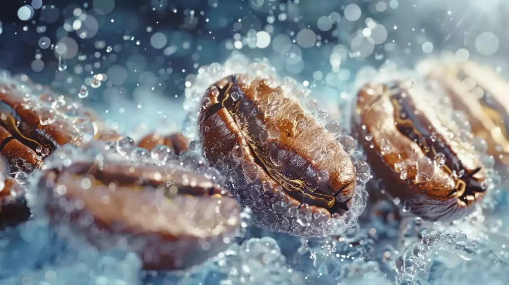 A stunning and detailed close-up illustration of freeze coffee beans encased in ice, creating a surreal and magical display. The beans are intricately detailed, glistening with icy crystals, with a background of frost and mist adding to the overall frozen effect.