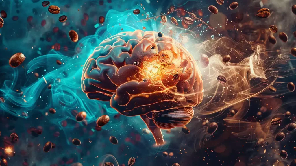 An illustration of a vibrant brain illuminated with electric pulses, surrounded by swirling coffee steam, set against a backdrop of rich, dark coffee beans.