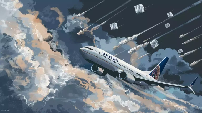 An illustration of a United Airlines plane soaring through a cloudy sky, with a giant ice cubes suspended in mid-air, surrounded by steam trails resembling flight paths.