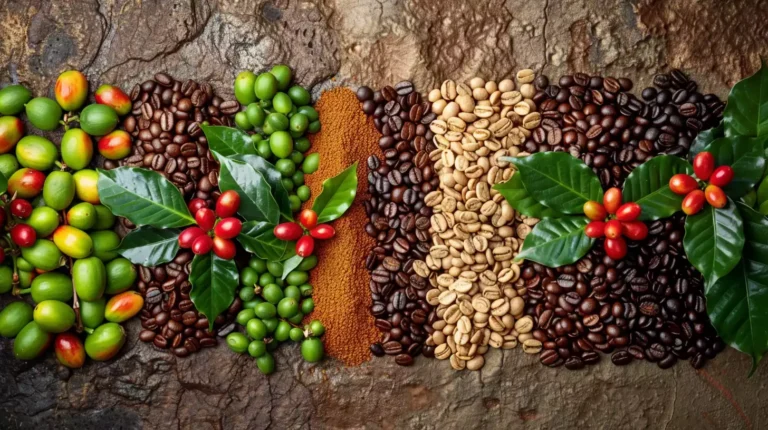 A vibrant and dynamic image that showcases the different regions of Hawaii - Kona, Maui, and Ka'u - and their respective coffee beans.