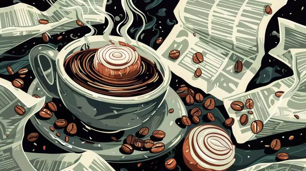 An illustration of a steaming cup of coffee with a sliced onion floating on top, surrounded by scattered coffee beans and a few crumpled up newspapers with shocked facial expressions in the background.