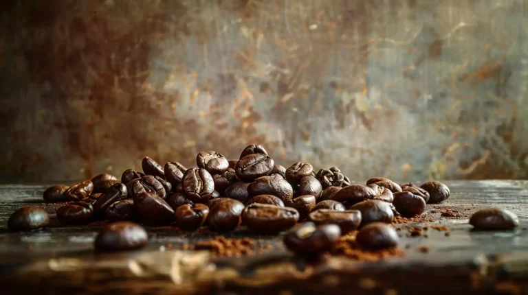 A vibrant still life composition featuring an assortment of coffee beans and espresso beans, meticulously arranged on a rustic wooden table. The scene captures the rich textures and colors of the beans, with warm and earthy tones.