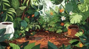 A whimsical illustration showcasing various creative ways to dispose of coffee grounds. The scene is set in a vibrant kitchen garden, with lush plants and flowers.