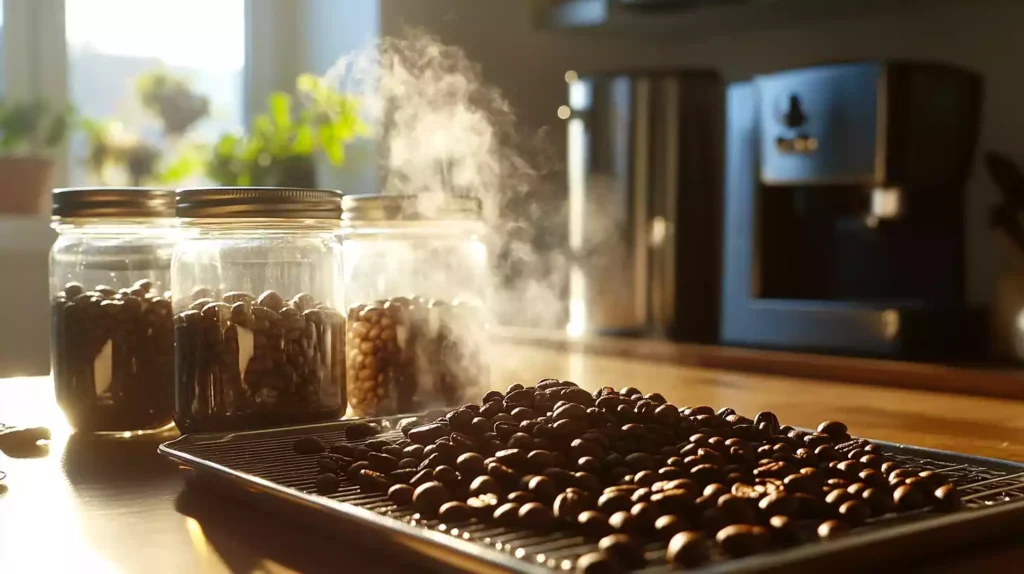 Coffee beans cascading from home roaster device onto cooling tray, steam rising. Nearby, glass jars with airtight lids await. Kitchen setting, sunlight streaming through window, highlighting rich brown beans.