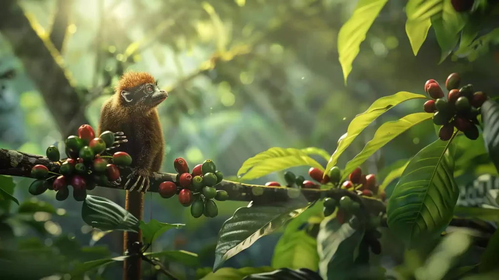 A serene jungle scene with a Luwak perched on a branch, surrounded by lush green foliage, coffee cherries glistening in sunlight, emphasizing the balance of nature and ethical coffee production.