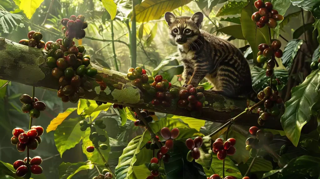 A serene jungle scene with lush greenery, a civet perched on a branch, surrounded by coffee cherries, sunlight filtering through leaves, showcasing the harmonious connection between wildlife and coffee cultivation, evoking global appreciation.