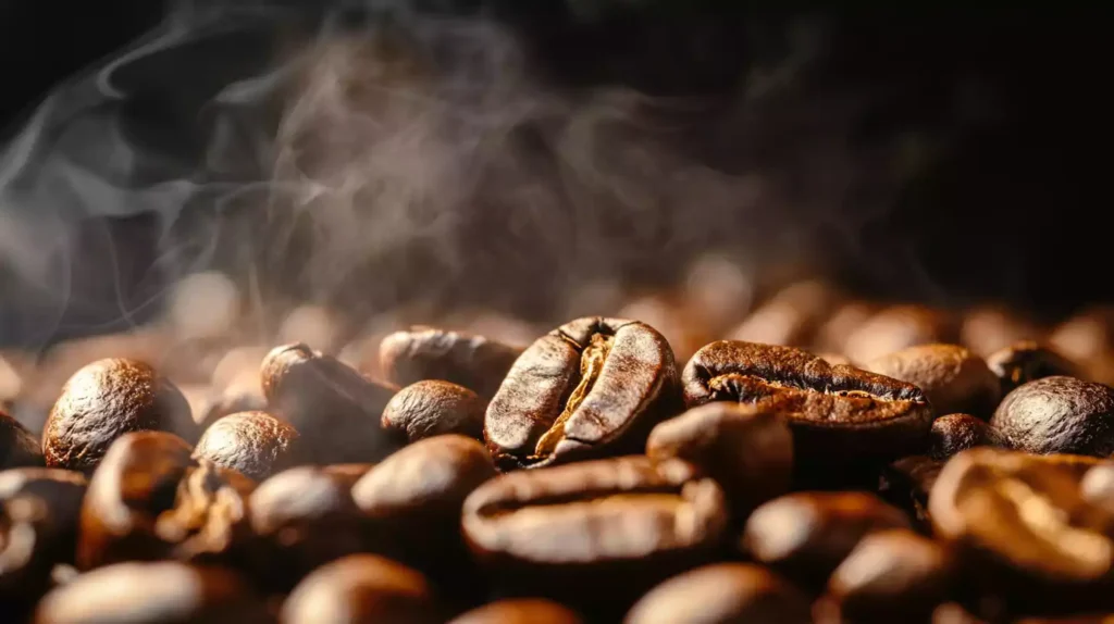 Close-up of glossy, dark roasted coffee beans glistening with oil, contrasted against matte light roasted beans. Wisps of aromatic steam rise, suggesting intense flavor differences between the two types.