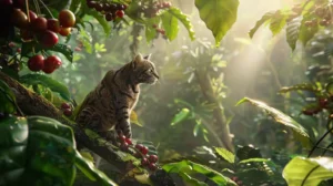 A lush, vibrant jungle scene featuring a civet cat perched on a coffee tree, ripe cherries surrounding it, with dappled sunlight filtering through dense foliage, creating a serene atmosphere of nature's coffee journey.