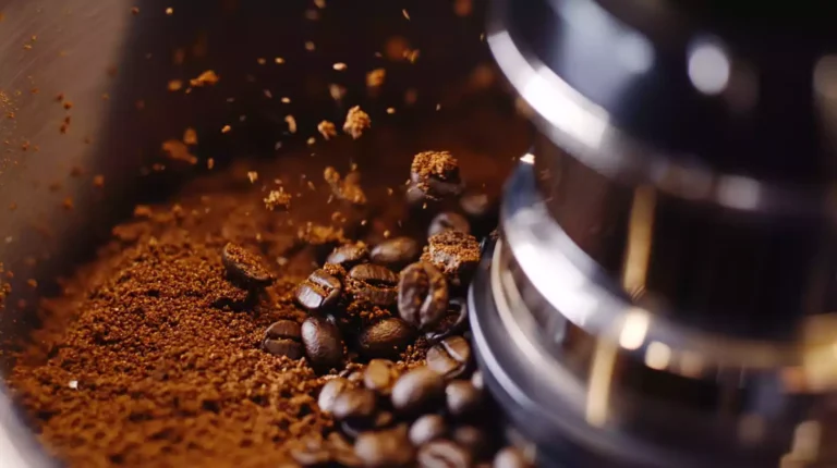 Close-up shot of burr coffee grinder, exposed ceramic conical burrs, coffee beans dropping between them. Visible grinding mechanism, fine grounds falling into collection chamber. Rich brown tones, metallic accents, and textured surfaces.