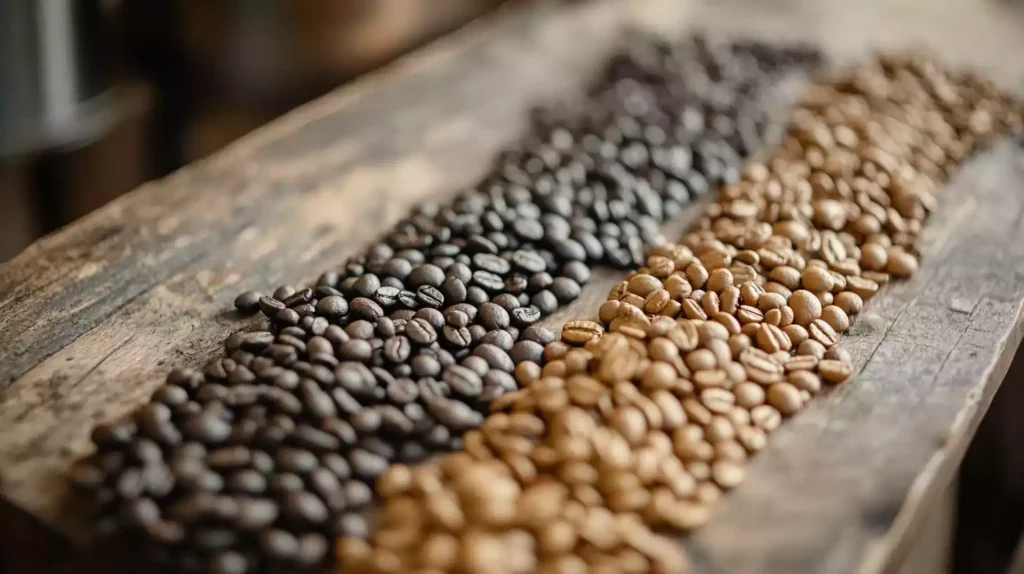 Close-up of whole coffee beans on rustic wooden surface, next to small home roaster machine. Visible heat waves rising, beans in various shades from light green to dark brown.