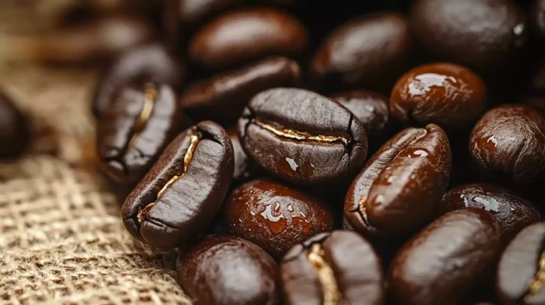 Close-up of shiny, dark coffee beans with visible oil droplets on their surface, contrasting with matte, dry beans in warm, golden lighting on a burlap background.