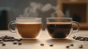 Close-up of two coffee cups side-by-side: one with light brown, translucent coffee; the other with dark, opaque liquid. Steam rising, rich aromas implied. Roasted coffee beans scattered around.