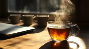 Steaming coffee ripples in a clear glass mug against a weathered wooden desk, sunlight streaming through a nearby window. A silver MacBook, half-visible, sits beside it. Three empty espresso cups line up in the background.