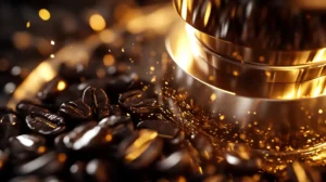 Close-up of shiny, dark coffee beans with visible oil droplets, next to a stainless steel burr grinder with residue-coated blades, under warm, soft lighting.