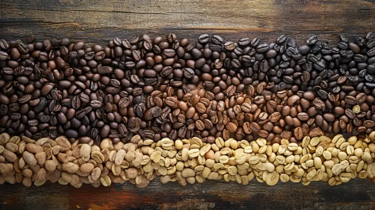 Artfully arranged coffee beans cascade across a weathered wooden surface, showcasing distinct varieties from light to dark roasts.