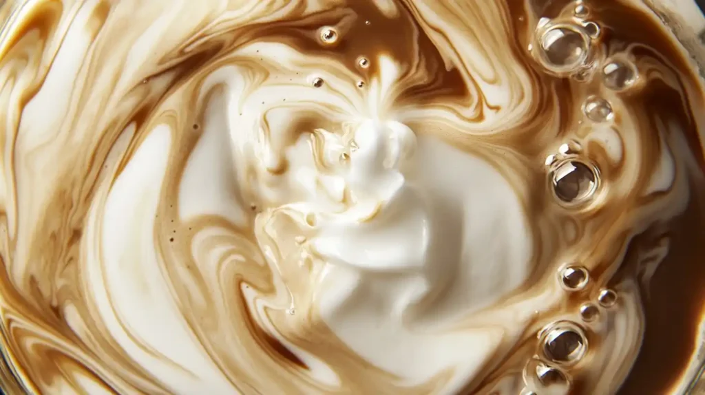 Creamy, swirled cold foam floating atop rich coffee, captured from above, soft morning light in a glass cup with delicate bubbles visible.