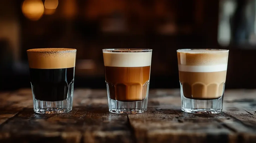 Three coffee drinks side-by-side in clear glass cups: dark espresso shot, latte with smooth microfoam layer, cappuccino with thick frothy top, displayed on rustic wooden surface with warm lighting.