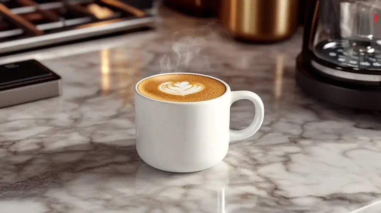 A steaming white ceramic mug sits on a polished marble countertop, capturing the perfect layers of a freshly-poured latte. The rich espresso base transitions into warm, caramel-colored milk, culminating in a thick, velvety microfoam layer on top. A measuring scale peeks into frame, while a sleek espresso tamper rests nearby, both slightly out of focus against the neutral background.