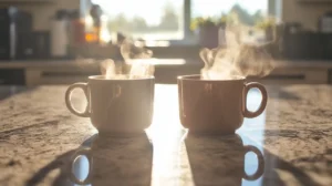 Steaming coffee mug with rich brown liquid on marble countertop, sunlight filtering through window, alongside identical regular coffee mug, highlighting the subtle color differences between regular and decaf brews.