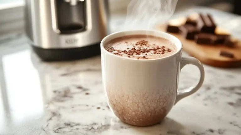 A steaming mug of rich brown hot chocolate sits beside a gleaming Keurig machine on a marble countertop.