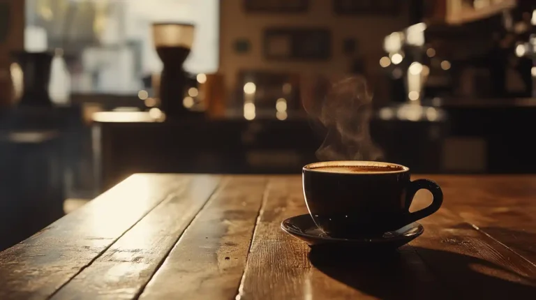 A rich, dark roast coffee scene, featuring a steaming cup of coffee placed on a rustic wooden table. The background should be a cozy café with warm, ambient lighting, highlighting the deep browns and blacks of the coffee.