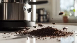 Scattered dark coffee grounds form a deliberate barrier around a gleaming stainless steel coffee maker. Several cockroaches approach but halt at the coffee ground perimeter, their antennae twitching visibly.