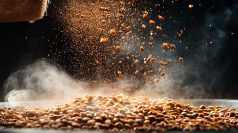 Raw coffee beans glisten under studio lighting as they tumble from burlap sacks into stainless steel drums. A fine mist of caramel-colored syrup coating sprays across the spinning beans while steam rises through the air.