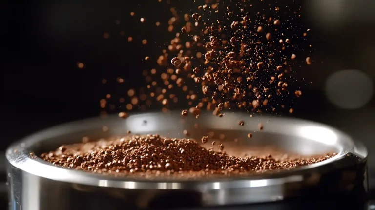 Ground coffee particles scatter across a glossy black surface, clinging electrostatically to a stainless steel portafilter basket.