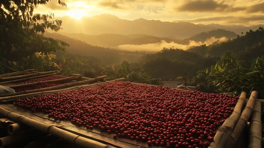 Coffee Cherries Glisten Like Rubies Against Emerald Leaves On Steep Mountainside Terraces In Jamaica's Blue Mountains