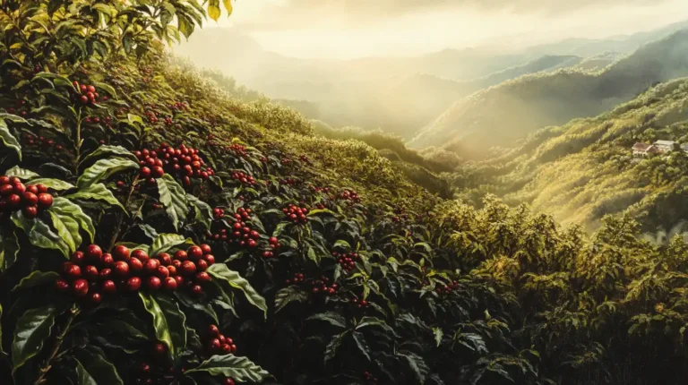 Sunlight streams through misty Blue Mountain slopes, illuminating rows of glossy coffee plants at 5,000 feet elevation. Plump, ruby-red coffee cherries glisten with morning dew.